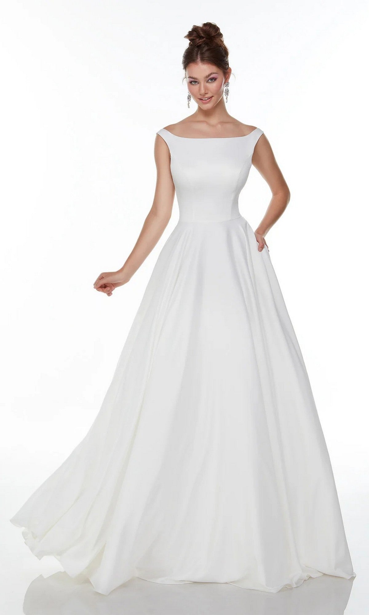 Model in the Alyce 7053 long white dress featuring an off-the-shoulder, fitted satin bodice and A-line floor-length skirt, posed against a plain white background.